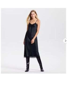 a new day Black Satin Lace-Trim Midi Slip Dress